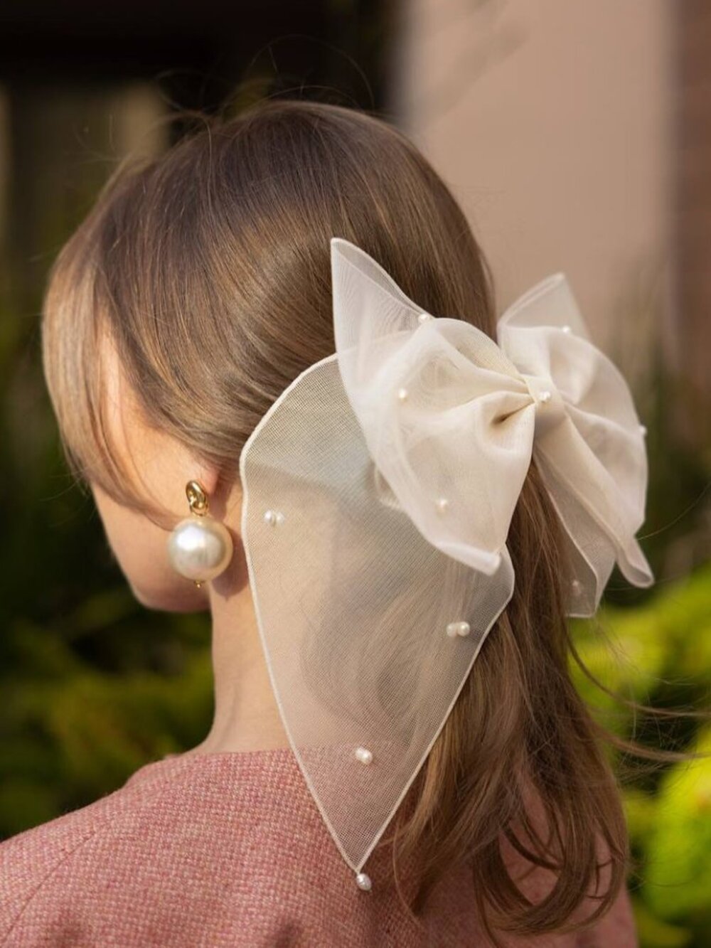 Embellished Sheer Hair Bow with Pearls Elegant Bridal Ribbon Panfil